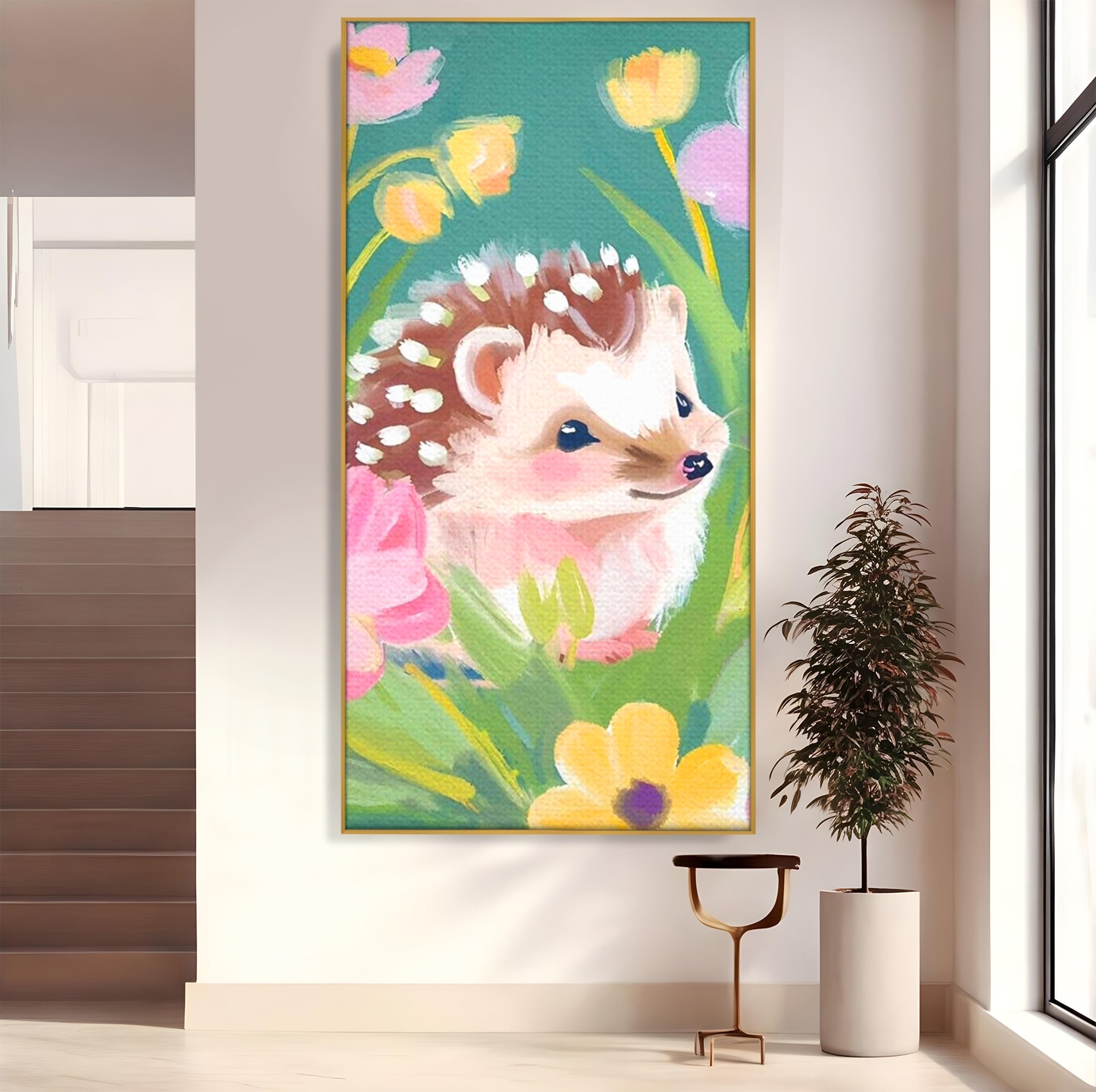 Tablou canvas cu tablou canvas cu arici si flori, in rama de aluminiu auriu